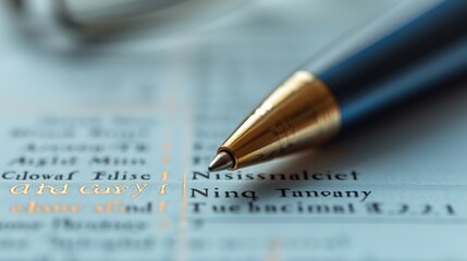 Close-up of a luxury pen resting on a financial statement, with a focus on the golden tip and blurred text.