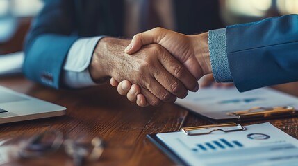 Close-up of a corporate handshake between two professionals sealing a deal, with business documents in the background. - obrazy, fototapety, plakaty