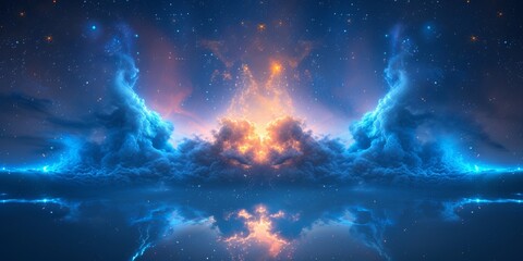Creating A Dreamlike Atmosphere: A Vibrant Celestial Landscape With Blue Hues And Nebula. Concept Indoor Yoga Session, Zen Music Playlist, Meditation Techniques, Mindful Breathing Exercises