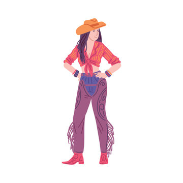 Beautiful cowgirl, vintage swag cowgirl vector illustration, brunette woman dressed in American wild western style