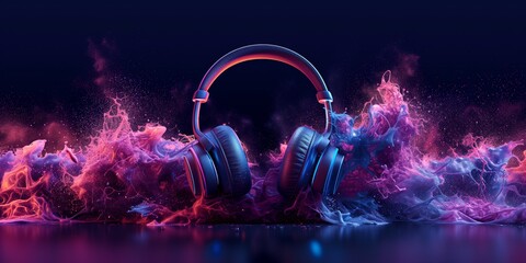 Vibrant Music Blaster With Neon Splashes, Adorned With Headphones For Immersion. Concept Retro Disco Party, Tropical Island Escape, Cozy Winter Cabin, Dreamy Starry Night