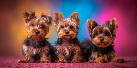 Yorkshire Terrier Puppies Dance Gracefully Amidst A Multicolored Light Display. Concept Yorkshire Terrier Puppies, Dance, Graceful, Multicolored Light Display