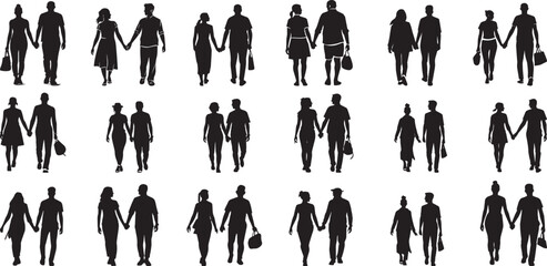 set of people silhouette black vector girl and man walking illustration