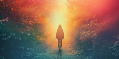 Woman Walks Through Enchanted Forest Towards A Brilliant, Everlasting Light Surreal Dreamland. Concept Mysterious Creatures, Magical Landscapes, Ethereal Beauty, Whimsical Adventures - obrazy, fototapety, plakaty