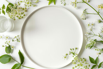 empty plate with flowers and a drinking spouted on a  - obrazy, fototapety, plakaty