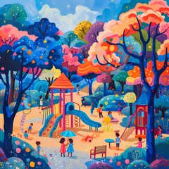 Vibrant Children's Playground Scene with Animated Characters