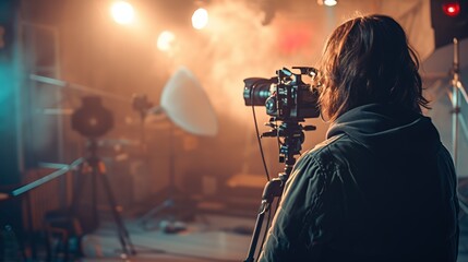 Back view of a cinematographer in a dynamic film set environment, operating a professional film camera with studio lighting in the background. - obrazy, fototapety, plakaty