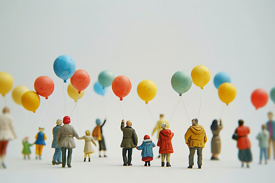 figure of group of people holding balloons on a white