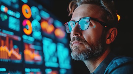 Concentrated male data analyst scrutinizing financial statistics on digital monitor screens. - obrazy, fototapety, plakaty