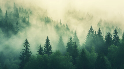 Fototapeta premium Misty landscape with fir forest in hipster vintage...