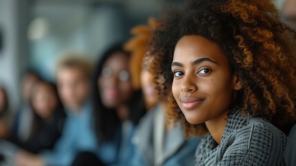 Obraz premium A confident young professional woman with a warm smile, attending a team meeting with diverse colleagues in the background.