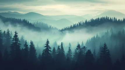 Schilderijen op glas Misty landscape with fir forest in hipster vintage... © Creative