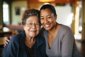 Portrait of a senior woman with a caregiver in nursing home - obrazy, fototapety, plakaty