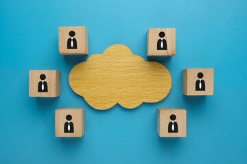 Flatlay picture of wooden block with men symbol and wooden cloud. Cloud sharing concept.