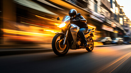 Motorbike is racing on a normal street with blur.
