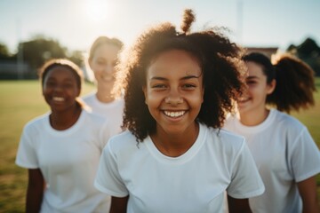 Smiling portrait of a diverse group of female teen soccer players