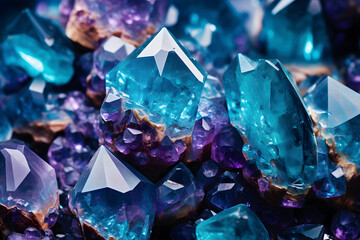 Beautiful purple and teal blue geodes inside crystal rock