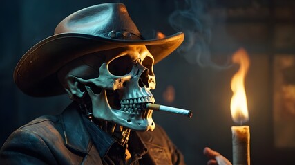 skull with a cigarette. a skull wearing a hat and smoking a cigarette