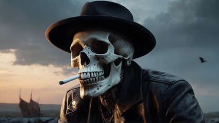 skull with a cigarette. a skull wearing a hat and smoking a cigarette 