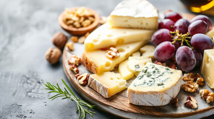plateau de fromage avec grappe de raisin et amandes et noix de cajou - obrazy, fototapety, plakaty