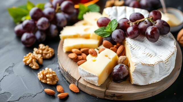 plateau de fromage avec grappe de raisin et amandes et noix de cajou