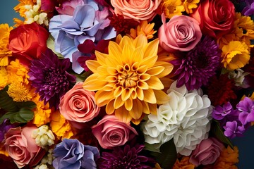 Overhead shot of a mixed flower bouquet, a diverse and colorful palette for your personalized message.