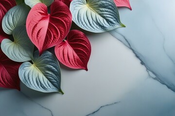 Pale Blue Marble Background with Red and Light Blue Caladium Leaf Accents