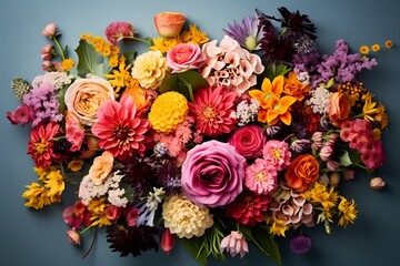 Overhead shot of a mixed flower bouquet, a diverse and colorful palette for your personalized message.