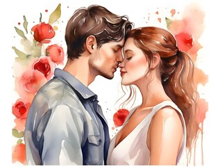Loving couple kissing, watercolor illustration on white background,
