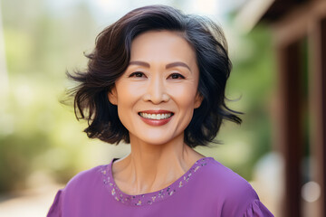 Happy attractive mature Asian woman with black air with gray streakes