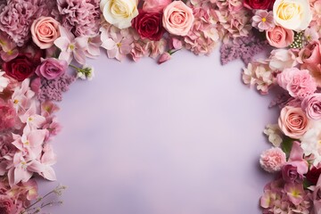 Overhead shot of a stunning arrangement of flowers on a pastel surface, allowing for personalized text.