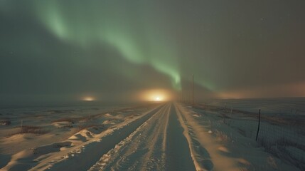 Northern lights over snow-laden Scandinavian terrain, mesmerizing green auroras lighting up the night