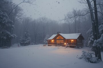 Idyllic winter cabin ambiance, snowflakes descending softly, windows radiating warmth into the twilight