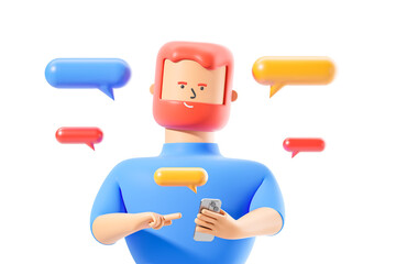 Fototapeta premium Cartoon man with a smartphone in his hands. Pop-up message boxes. Online correspondence or dating on social networks or applications. Mock up. 3d rendering