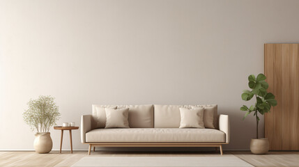 Modern living room mockup with beige minimal sofa.