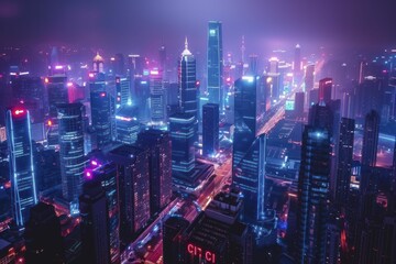 Fototapeta na wymiar Futuristic urban night, skyscrapers and neon lights depicting city development
