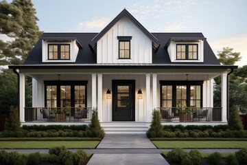 Modern two-story house exterior at dusk