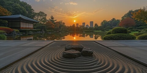 Fototapeta na wymiar Tranquil dawn over Zen garden, raked sand and stones reflecting serenity and contemplation