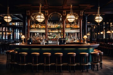 Traditional pub interior with wooden bar and stools - obrazy, fototapety, plakaty