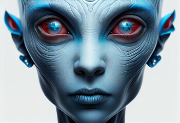 Illustration of a blue skin female alien looking forward with large red eyes on a white background. Generative AI