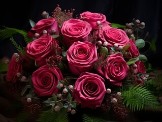Pink roses in the bouquet with ferns