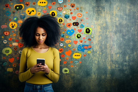 A woman staring at her phone, surrounded by reactions and emojis. Overstimulated. Social media addiction.