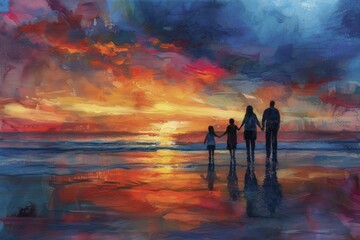 Fototapeta premium Beach sunset with family silhouette, vibrant skies framing a serene holiday scene