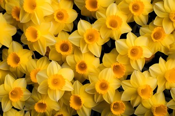 Overhead shot of a sunlit field of daffodils, their yellow blooms creating a cheerful frame for your personalized message.