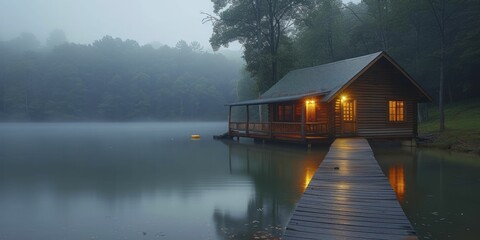 Cabin by misty lake in early autumn, tranquil retreat into nature