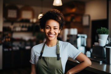 Smiling portrait of a young waitress in cafe or bar
