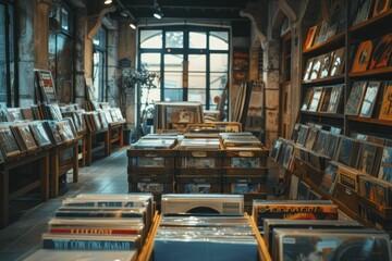 Classic albums in vintage vinyl shop, crates showcasing a journey through music history