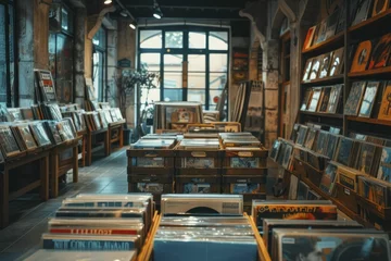 Crédence de cuisine en verre imprimé Magasin de musique Classic albums in vintage vinyl shop, crates showcasing a journey through music history
