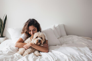A peaceful moment captured as a woman and her loyal dog rest together in the comfort of their indoor bedroom, surrounded by a soft wall and cozy pillows