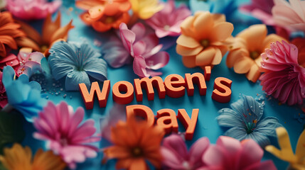 Vibrant Women's Day Celebration with Colorful Paper Flowers on Blue Background